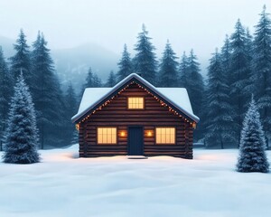 A cozy log cabin surrounded by snow-covered trees, illuminated warmly, set against a serene winter backdrop.