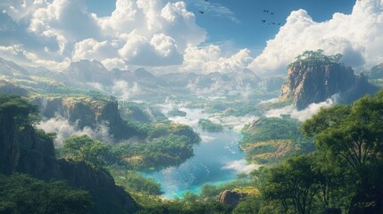 A breathtaking landscape featuring lush greenery, a serene river, and majestic mountains under a bright blue sky with fluffy clouds.