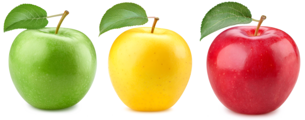 Three colorful apples in green, yellow, and red with attached leaves, isolated on a transparent background for versatile use in various designs