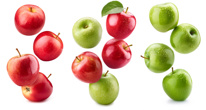 Clear image of crisp red and green apples suspended on a see through backdrop, ideal for food themed projects and promotions