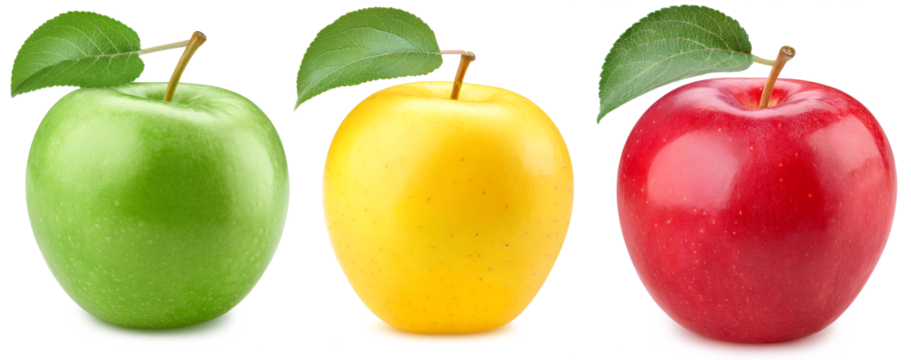 Three colorful apples in green, yellow, and red with attached leaves, isolated on a transparent background for versatile use in various designs