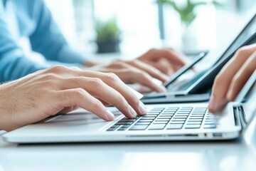 Close-up of hands typing on a laptop in a modern workspace with greenery.