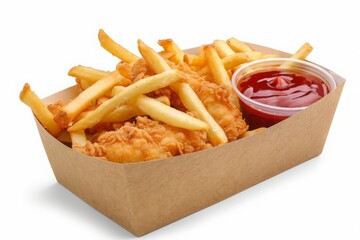 Potato fries, ketchup with crispy chicken tenders served on a paper box isolated on white background, cut-out, png, clipping path. MZ 