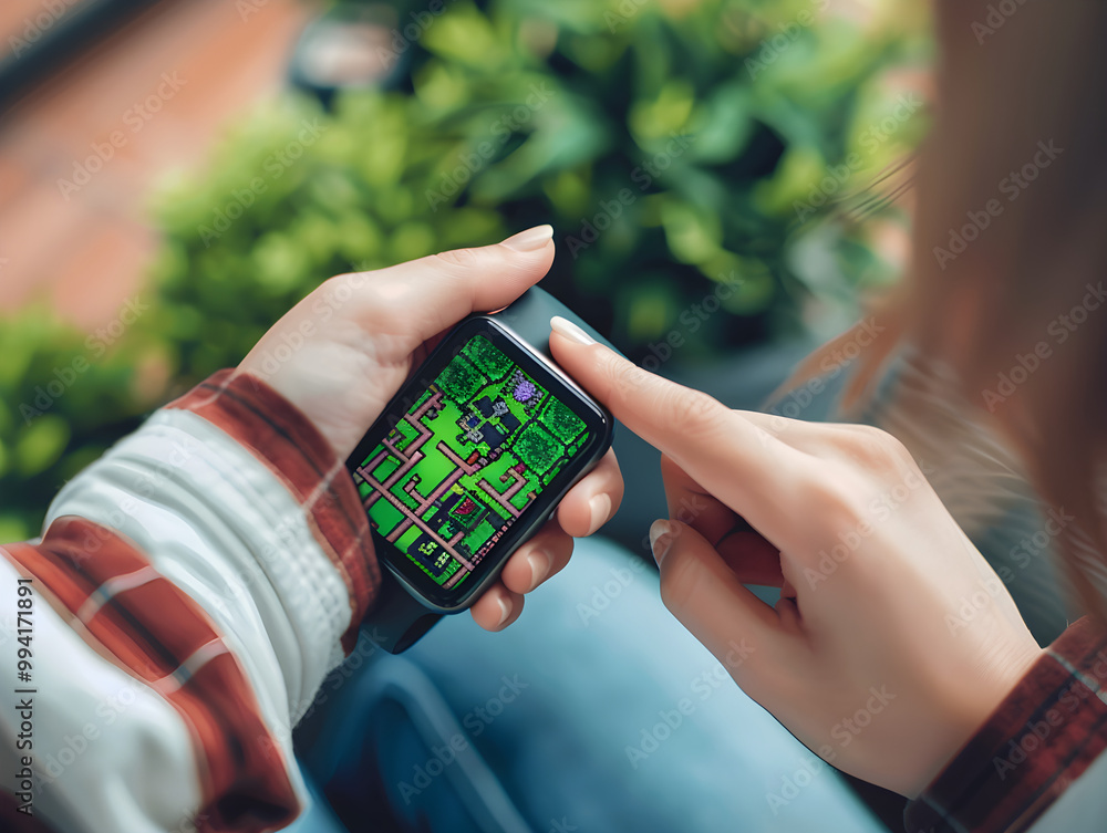 Wall mural a person wearing a smartwatch focused on solving a colorful puzzle game on a mobile device.