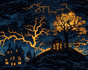 A dark and stormy night with lightning illuminating a haunted house on a hill