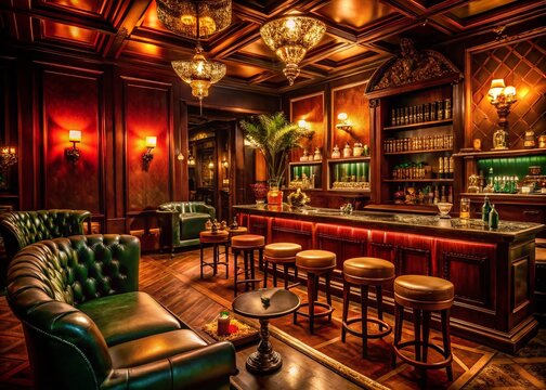 Elegant speakeasy interior with vintage decor, dim lighting, and a classic bar setup for ambiance