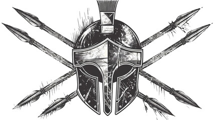 illustrations of a spartan helmet on top of rounded spartan shield crossed with spartan spears, vector art, simple design, white background, png file, Generative AI illustrations. 