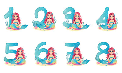 Set of a cute mermaid girl with a beautiful colored tail and water number from 1 to 8 on white background. Happy Birthday concept. Vector Illustration in flat cartoon style