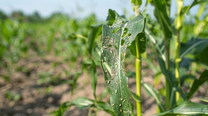 Visible Damage on Maize Plant Foliage &ndash; Torn Corn Leaves from Caterpillars and Aphids Causing Surface Damage and Reduced Vigor