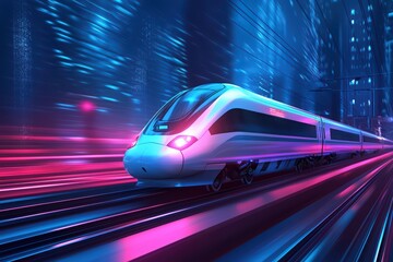 Obraz premium Futuristic train speeding through a neon-lit urban landscape at night.