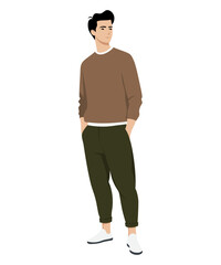 Vector illustration of a man in a brown sweatshirt and sweatpants, creating an easy sporty look for an active day.