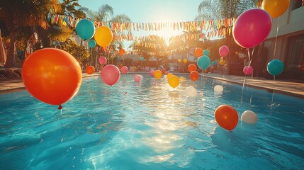 vibrant festive pool with colorful balloons and streamers creating a joyful atmosphere for a celebration perfect for outdoor parties and summer fun