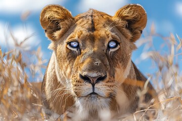 Close-up photo of a blue eyed lioness. The intense gaze of this blue-eyed lioness captures the essence of the savanna, a stunning portrait of wild elegance.