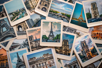 Numerous photographs showcases iconic landmarks from various cities laid out on a table, captured from a top-down perspective, with an empty space in the center for additional content or text.