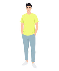Fototapeta premium Vector illustration of a man in a yellow t-shirt and light pants is the best choice for sunny weather and an active day.