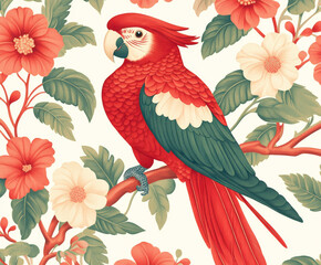 Obraz premium Scarlet Macaw in Blossom: A vibrant scarlet macaw perched gracefully amidst a profusion of hibiscus and other exotic blooms, creating a lush and tropical scene.