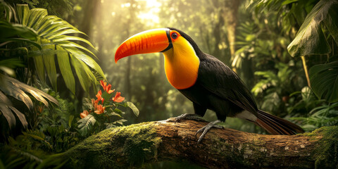 Fototapeta premium Toucan in Tropical Paradise: A vibrant toucan perched on a moss-covered branch, bathed in the warm sunlight filtering through lush rainforest foliage.