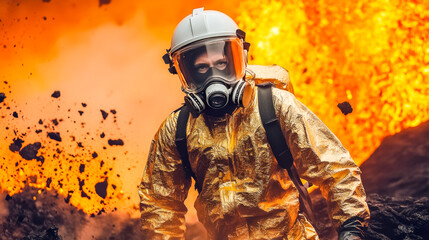 Obraz premium Lava Flow Confrontation: A courageous firefighter, clad in protective gear, confronts a raging volcanic eruption, embodying resilience and bravery amidst intense heat and danger.