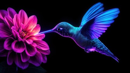Fototapeta premium Vibrant hummingbird hovering near a colorful flower against a dark background.