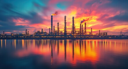 Naklejka premium Oil refinery plant with glowing gas and steamscarers
