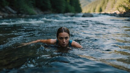 Fototapeta premium woman swimming in a mountain river