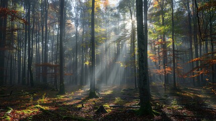 Fall foggy forest with light rays
