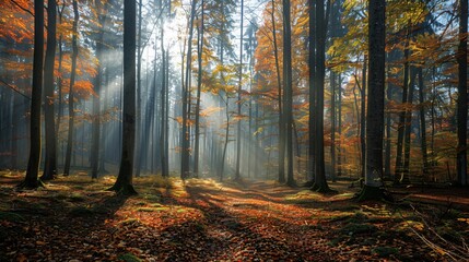 Obraz premium Autumn foggy forest with light rays