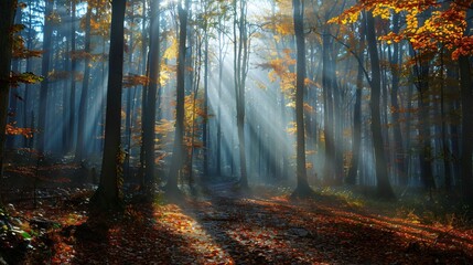 Autumn foggy forest with light rays