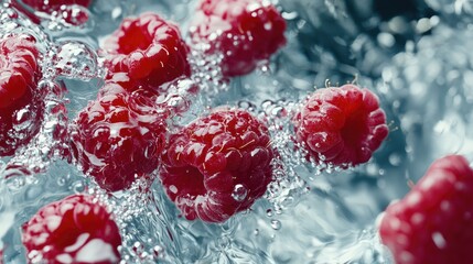 Vibrant raspberries burst in clear water showcasing their rich color and juicy texture in a lively...