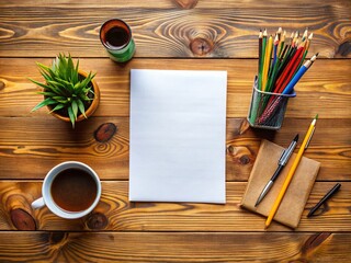 Elegant Wooden Table with Blank Paper and Writing Tools for Creative Ideas and Planning Sessions