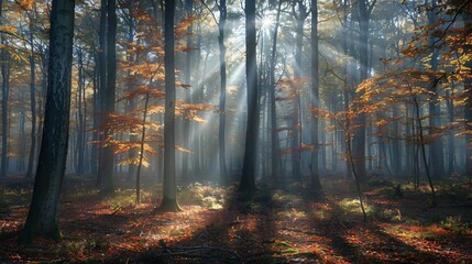 Fototapeta premium Autumn misty forest with light rays