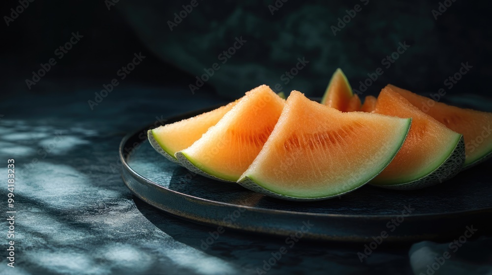 Poster sliced melon is artfully arranged on a dark table surface