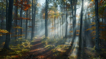 Fototapeta premium Autumn misty forest with light rays