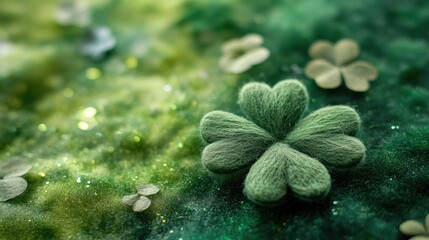 Felt four leaf clover on a shimmering green backdrop