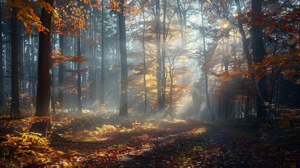 Autumn misty forest with light rays