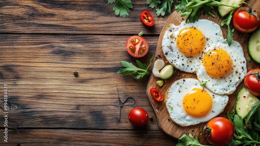 Poster savory fried eggs with vegetables arranged on a wooden surface captured from above with ample space 