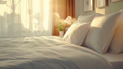 Close up of a neatly made bed featuring crisp white pillows and sheets in a beautifully arranged room enhanced by sunlight lens flare