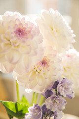 Bouquet with beautiful white dahlias in a vase indoors
