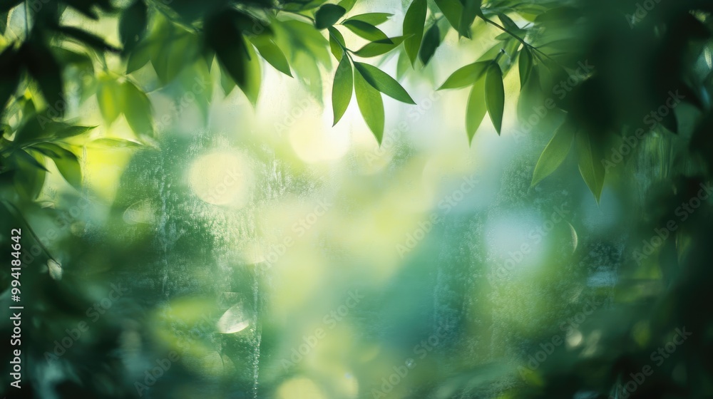 Poster softly blurred garden foliage seen through a window creating an abstract natural background represen