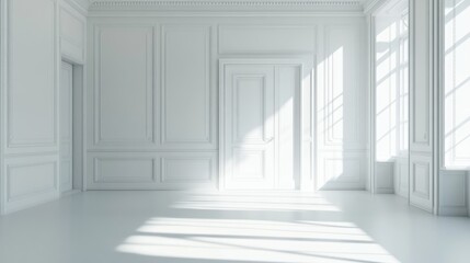 Fototapeta premium Minimalist interior of a vacant white room featuring posters and a door