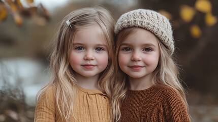 Obraz premium two young girls smiling and standing together representing the joy of childhood friendship sibling bonding and family connection in a playful environment