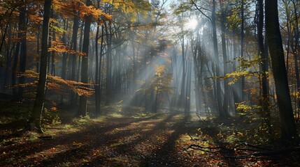 Obraz premium Autumn misty forest with light rays