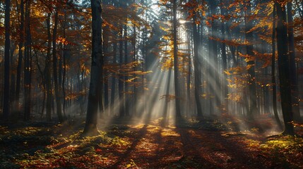 Fototapeta premium Autumn foggy forest with light rays