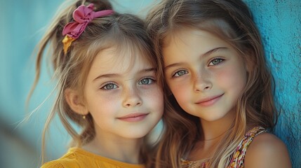 Fototapeta premium two young girls smiling and standing together representing the joy of childhood friendship sibling bonding and family connection in a playful environment