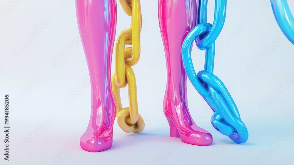 Poster 3d render of abstract colorful chain links connecting the legs of mannequins in a metaphorical partn