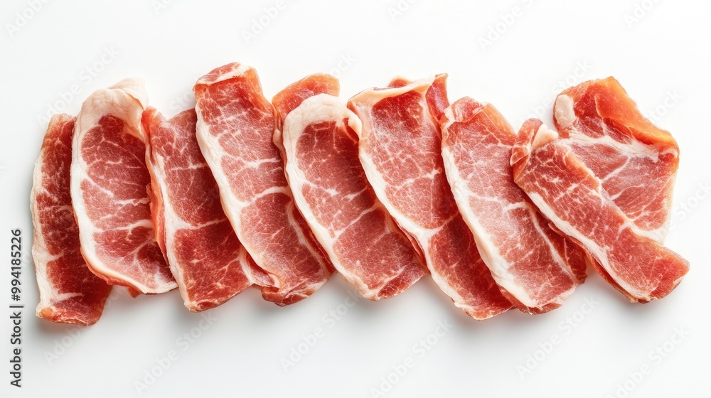 Poster fresh raw pork slices displayed on a white background viewed from above ideal for culinary concepts 