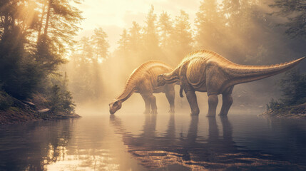 A pair of towering Sauropod dinosaurs drinking from a tranquil lake, surrounded by a misty, ancient...