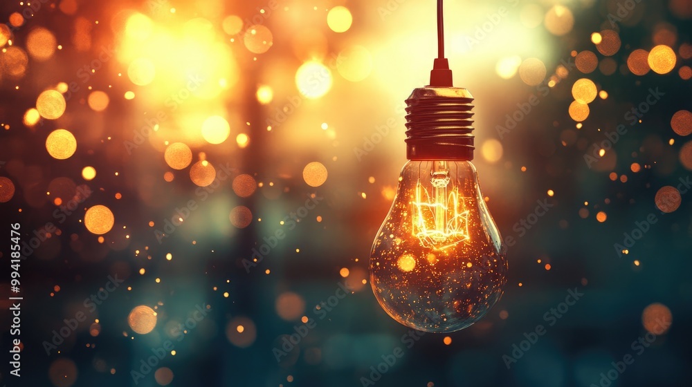 Poster hanging light bulb surrounded by bokeh effects and an abstract backdrop symbolizing creativity and i