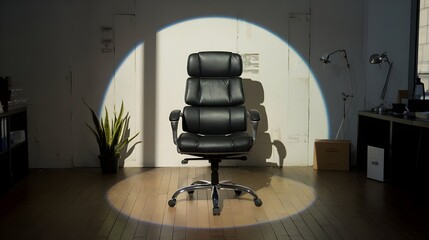 A black office chair positioned under a spotlight, symbolizing job opportunity and leadership in front of a window.