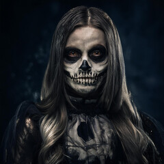 scary halloween witch with skull costume dark and eerie and spooky